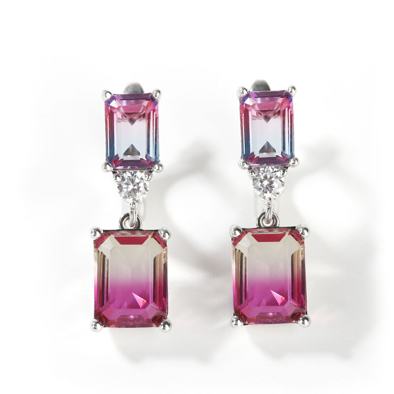 Elegant Emerald Cut Watermelon Stone Sterling Silver Earrings