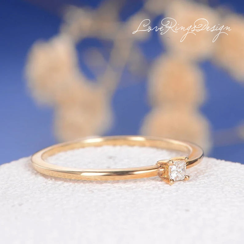 Princess Cut Diamond Ring Solitaire Minimalist Engagement Ring Wedding Band - Loveringsdesign