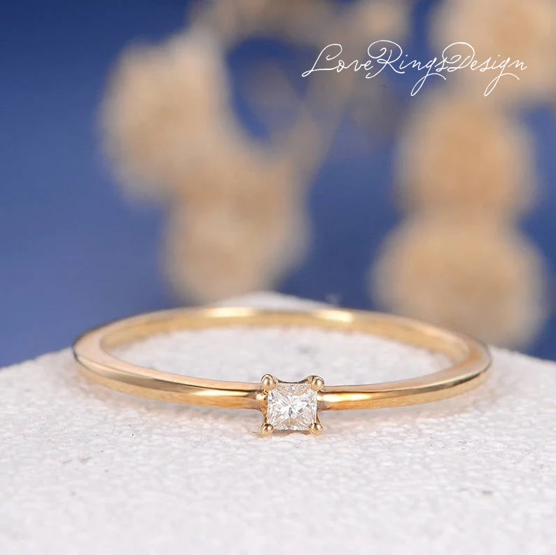 Princess Cut Diamond Ring Solitaire Minimalist Engagement Ring Wedding Band - Loveringsdesign